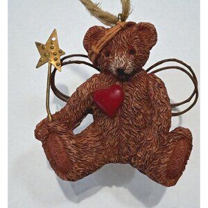 Teddy Bear Angel Mini Christmas Ornament Red Heart Star Wand Rustic Folk Art